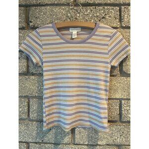 Full Tilt Essentials Womens Striped Lavender & Mustard Ribbed Short Sleeve Tee M